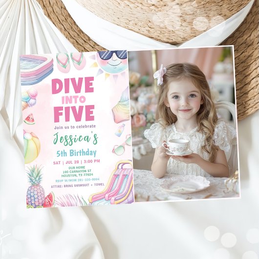 Dive Into Five - Summer Girl 5th Birthday Photo Kaart