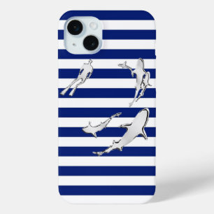 Diver en haaien op Nautical Stripes iPhone 15 Mini Hoesje
