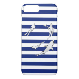 Diver en haaien op Nautical Stripes Case-Mate iPhone Case