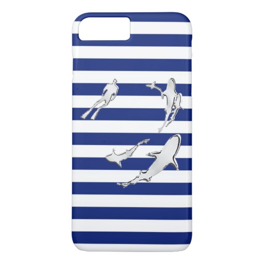 Diver en haaien op Nautical Stripes Case-Mate iPhone Case (Achterkant)