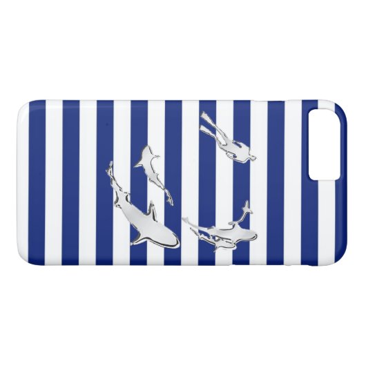 Diver en haaien op Nautical Stripes Case-Mate iPhone Case (Achterkant (Horizontaal))