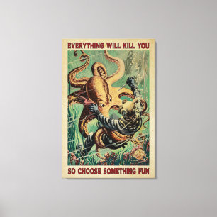 Diver en octopus alles zal je Canvas doden Afdruk