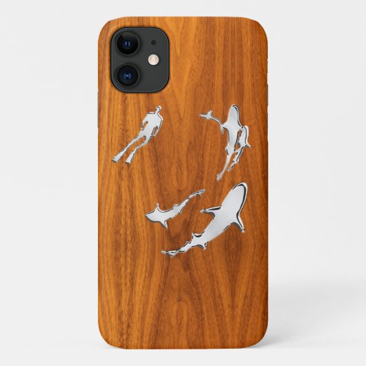 Diver met haaien op Teak Veneer Style Case-Mate iPhone Case (Achterkant)
