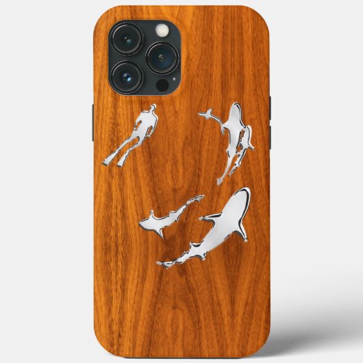 Diver met haaien op Teak Veneer Style Case-Mate iPhone Case (Achterkant)