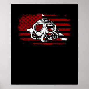 Diver omlaag drijven Vlag scuba duikend Amerikaans Poster
