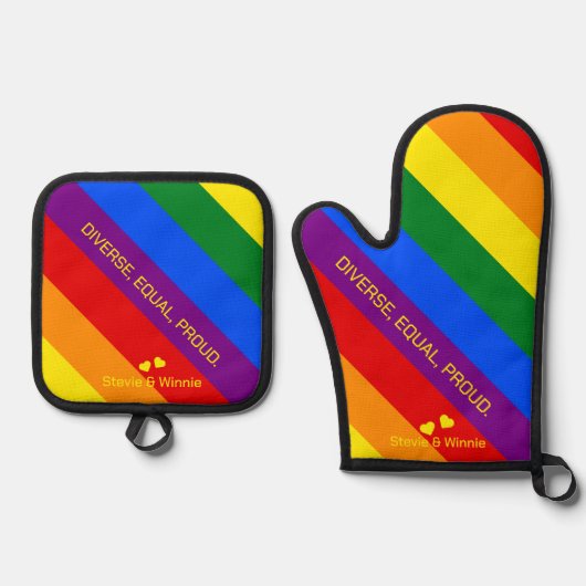 'Divers, gelijk, trots.' LGBT Rainbow Flag Pride Ovenwant & Pannenlap Set (Voorkant)
