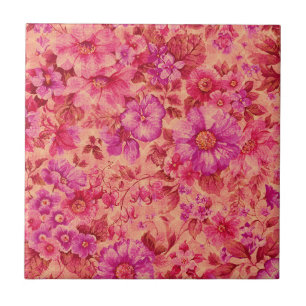 Diverse Bloeiende Bloemen in Warm Roze en Paars Tegeltje