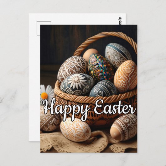 Diverse decoratieve paaseieren in een mand briefkaart (Voorkant / Achterkant)