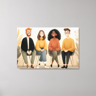 Diverse Friends Sitting Together Cozy Illustration Canvas Afdruk