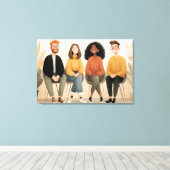 Diverse Friends Sitting Together Cozy Illustration Canvas Afdruk (Insitu (Houten vloer))