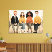 Diverse Friends Sitting Together Cozy Illustration Canvas Afdruk (Insitu (Woonkamer))