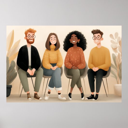 Diverse Friends Sitting Together Cozy Illustration Poster (Voorkant)