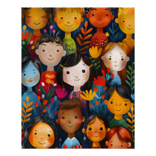 Diverse Gelukkige Kinderen Bloempatroon Illustrati Perfect Poster