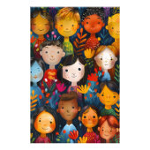Diverse Happy Children Floral Pattern Illustration Foto Afdruk (Voorkant)