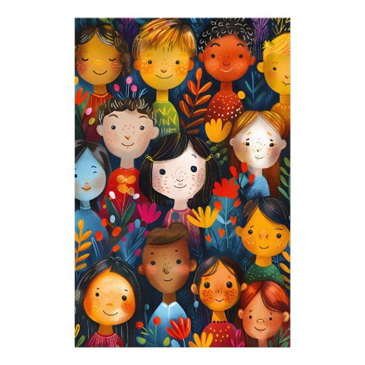 Diverse Happy Children Floral Pattern Illustration Foto Afdruk (Voorkant)
