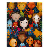 Diverse Happy Children Floral Pattern Illustration Perfect Poster (Voorkant)
