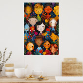 Diverse Happy Children Floral Pattern Illustration Poster (Keuken)