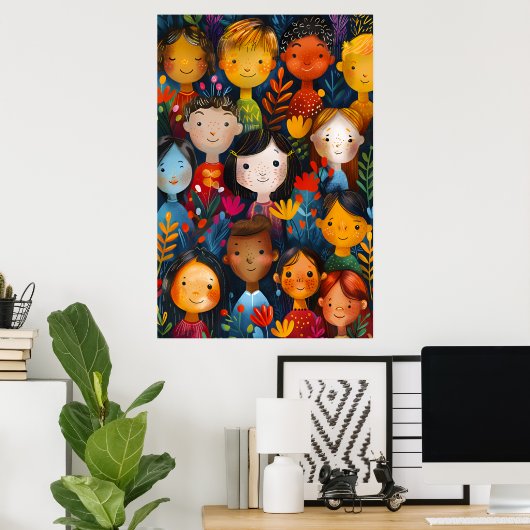Diverse Happy Children Floral Pattern Illustration Poster (Thuiskantoor)