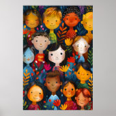 Diverse Happy Children Floral Pattern Illustration Poster (Voorkant)