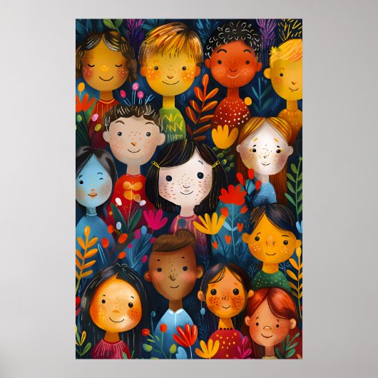 Diverse Happy Children Floral Pattern Illustration Poster (Voorkant)