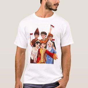 Diverse Indonesische mensen maken selfie in tradit T-shirt