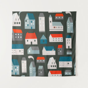 Diverse kleine huizen. Papiersnijstijl. Flat d Wandkleed