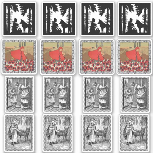 Diverse kleine rode mantel met wolf scènes sticker (Voorkant)