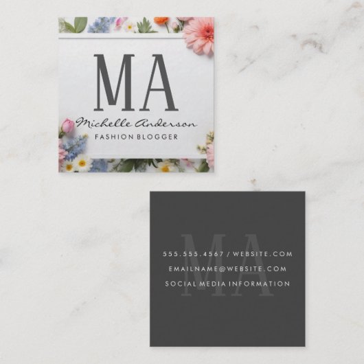 Diverse kleurrijke bloemen | Monogram Vierkante Visitekaartje (Voorkant / Achterkant)
