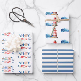 Diverse Nautical Ahoy Boy Lighthouse  Baby Shower Inpakpapier Vel