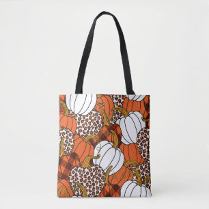Diverse pompoenen. Luipaard, oranje, wit en goed Tote Bag