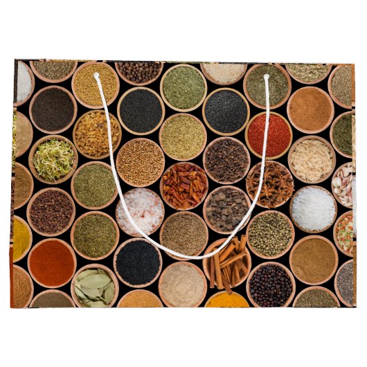 Diverse specerijen en voedselingrediënten groot cadeauzakje (Achterkant)