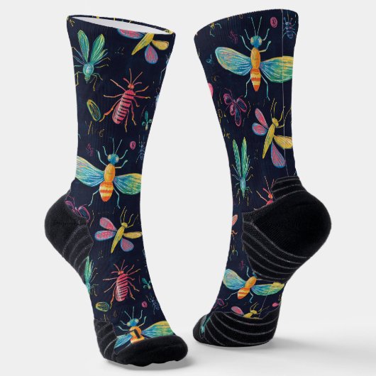 Diverse Vliegende Bugs Krijt Tekenpatroon Zwart Sokken (Gebogen)