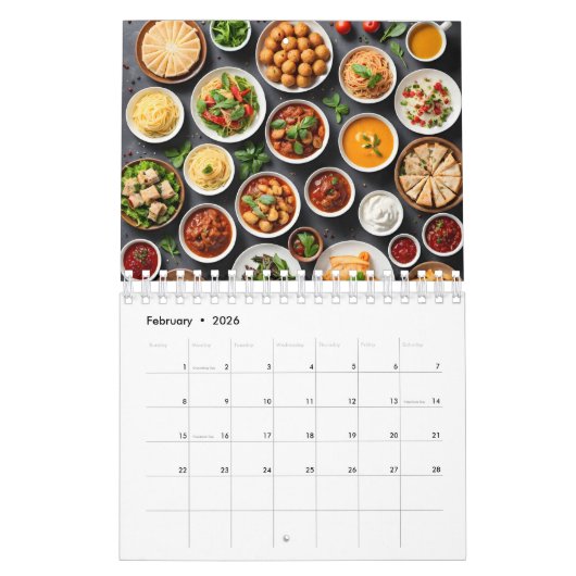 Diverse voedingsmiddelen op tafel kalender (Feb 2026)