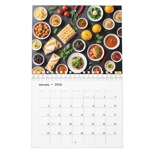 Diverse voedingsmiddelen op tafel kalender (Jan 2026)