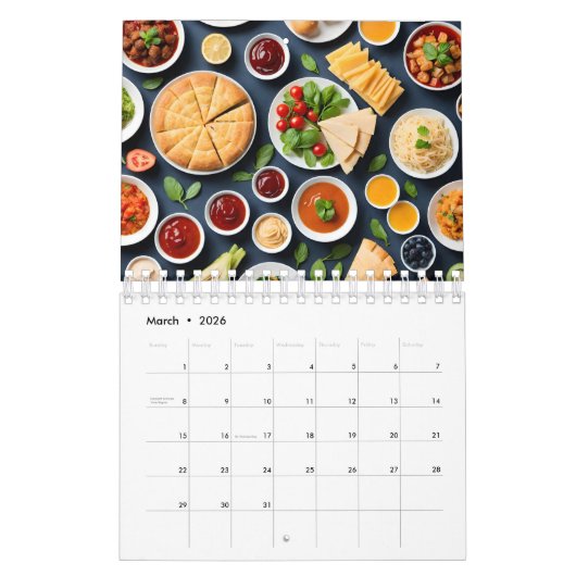 Diverse voedingsmiddelen op tafel kalender (Mar 2026)
