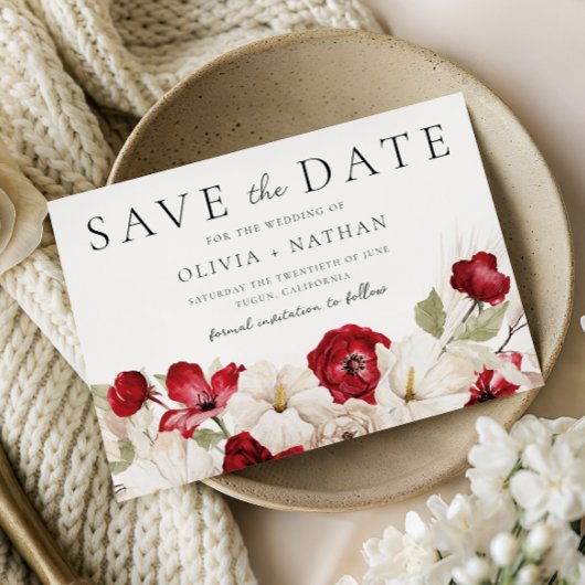 Divine Bloom: Witte & Rode Bloemen Bruiloft Save The Date