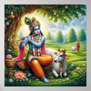 Divine Blue Krishna Fluit Art Poster