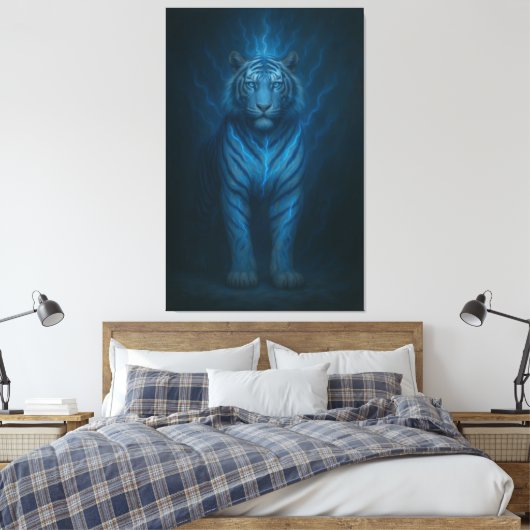 Divine Blue Lightning White Tiger – Celestial Stor Canvas Afdruk (Insitu (Slaapkamer))