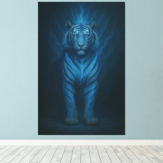 Divine Blue Lightning White Tiger – Celestial Stor Canvas Afdruk (Insitu (Houten vloer))