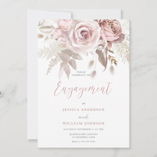 Divine Blush and Dusty Roos Floral Engagement Part Kaart (Voorkant)