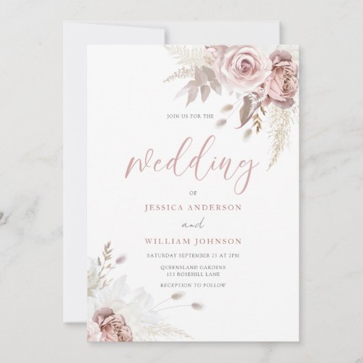 Divine Blush and Dusty Roos Floral Wedding Kaart (Voorkant)