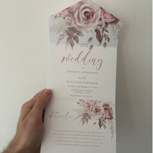 Divine Blush Dusty Roos Bloemen Bruiloft All In One Uitnodiging