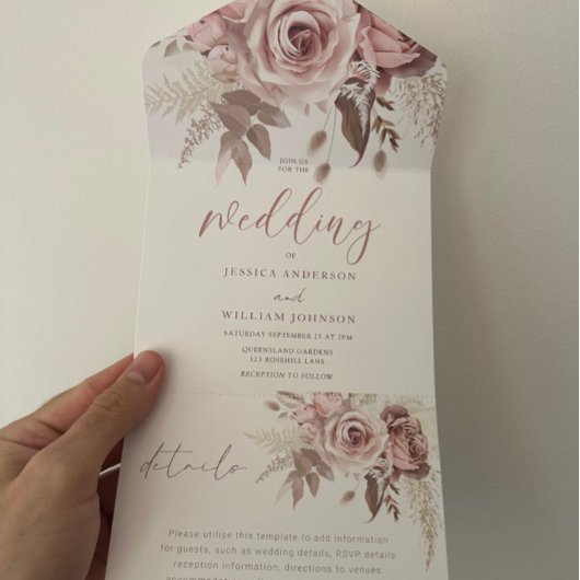 Divine Blush Dusty Roos Bloemen Bruiloft All In One Uitnodiging