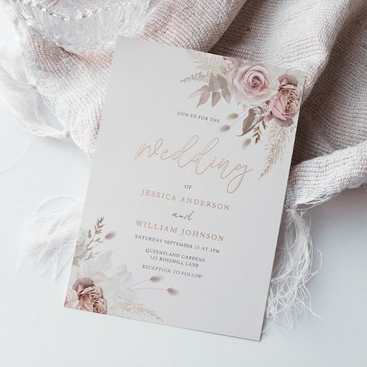 Divine Blush Dusty Roos Floral Wedding Roos Gold Folie Uitnodiging