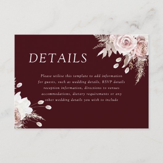 Divine Blush Floral Deep Burgundy Wedding Details Informatiekaartje (Voorkant)