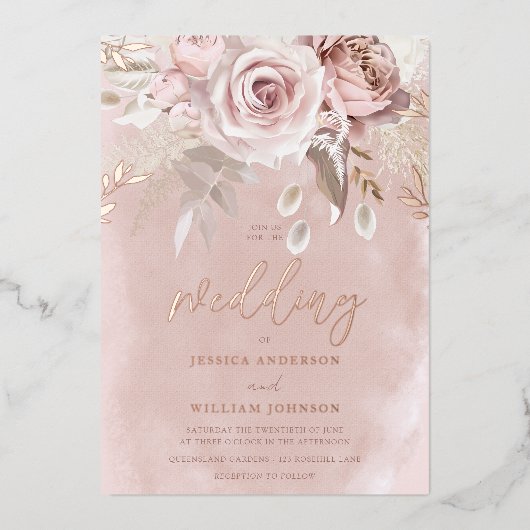 Divine Blush Floral Wedding Roos Gold Folie Uitnodiging (Voorkant)