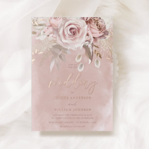 Divine Blush Floral Wedding Roos Gold Folie Uitnodiging