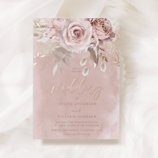Divine Blush Floral Wedding Roos Gold Folie Uitnodiging