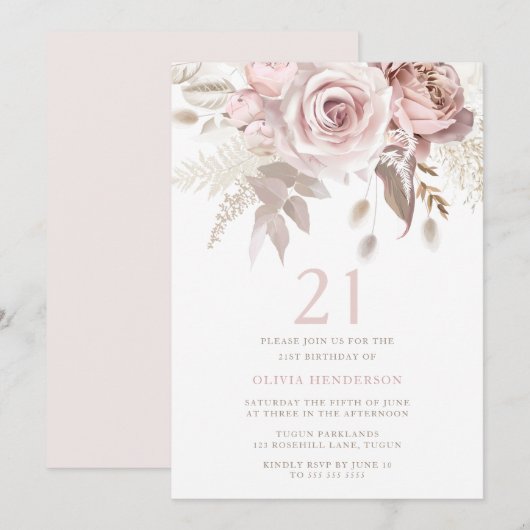 Divine Blush Roses 21st Birthday Party Kaart (Voorkant / Achterkant)