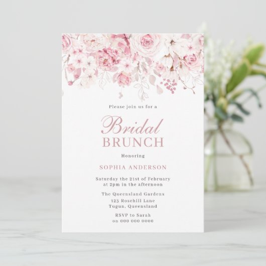 Divine Blush Rozen Vrijgezellenfeest Brunch & Bubb Kaart (Staand voorkant)